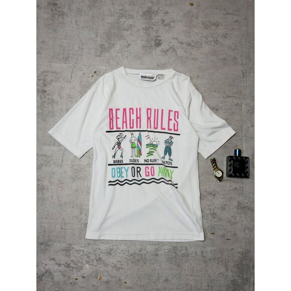 Vintage 90s Beach Rules Obey or Go Away Sarcastic Graphic T - Picture 1 of 1